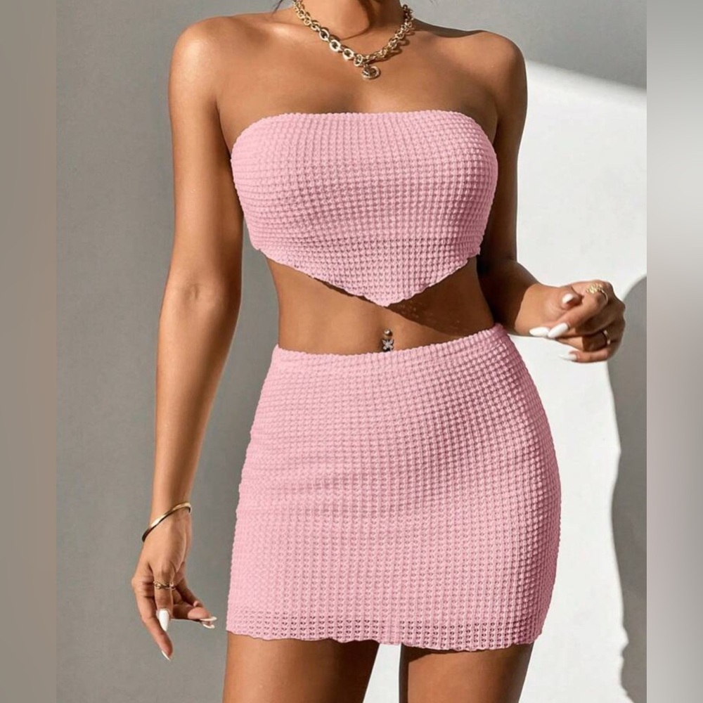 Pink waffle knit top and skirt set